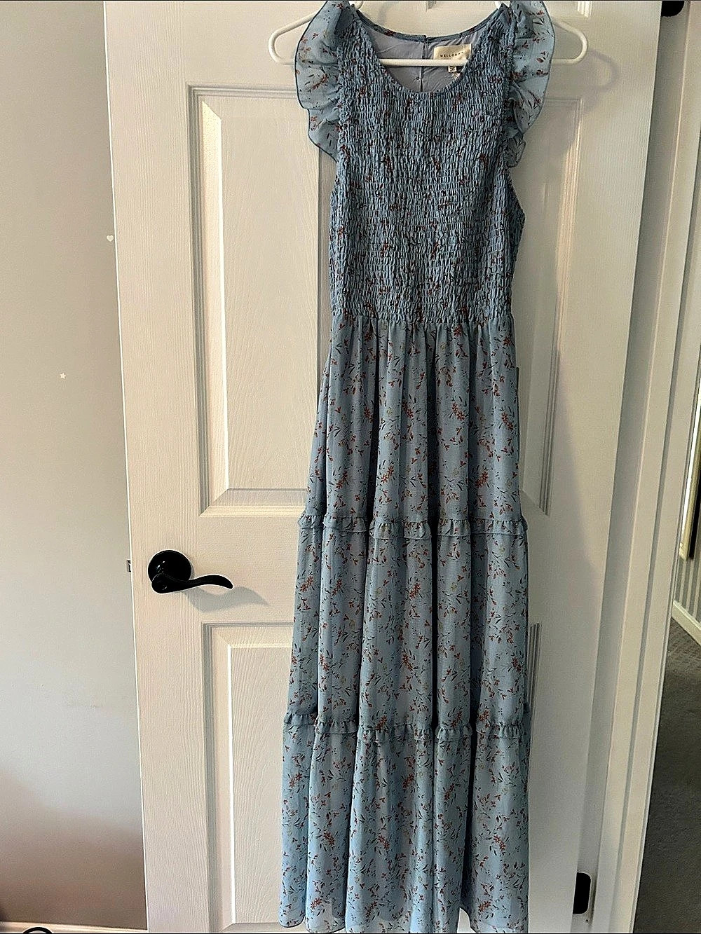 Melloday Smocked Tiered Maxi Dress in Blue & Orange Size Medium